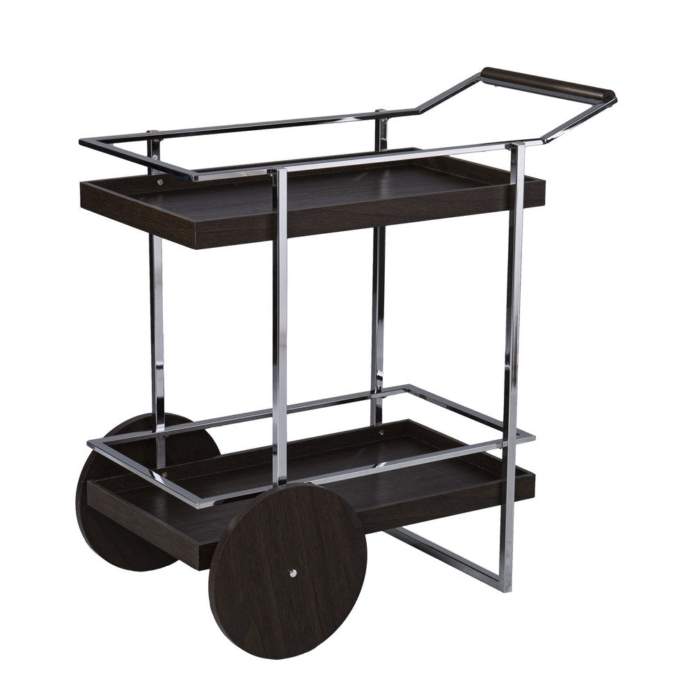 34" Brown And Silver Iron and Wood Rolling Bar Cart. Bar cart isolated on a plain white background, showing a silver metal surface.