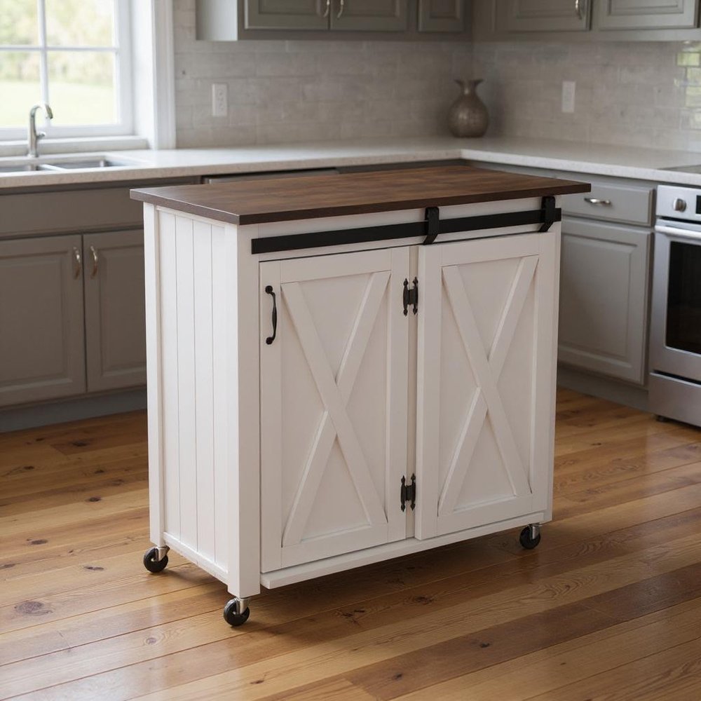 35" Dark Brown and White Wood Rolling Kitchen Cart styled in a furnished interior with a gray wall on a dark wood floor.