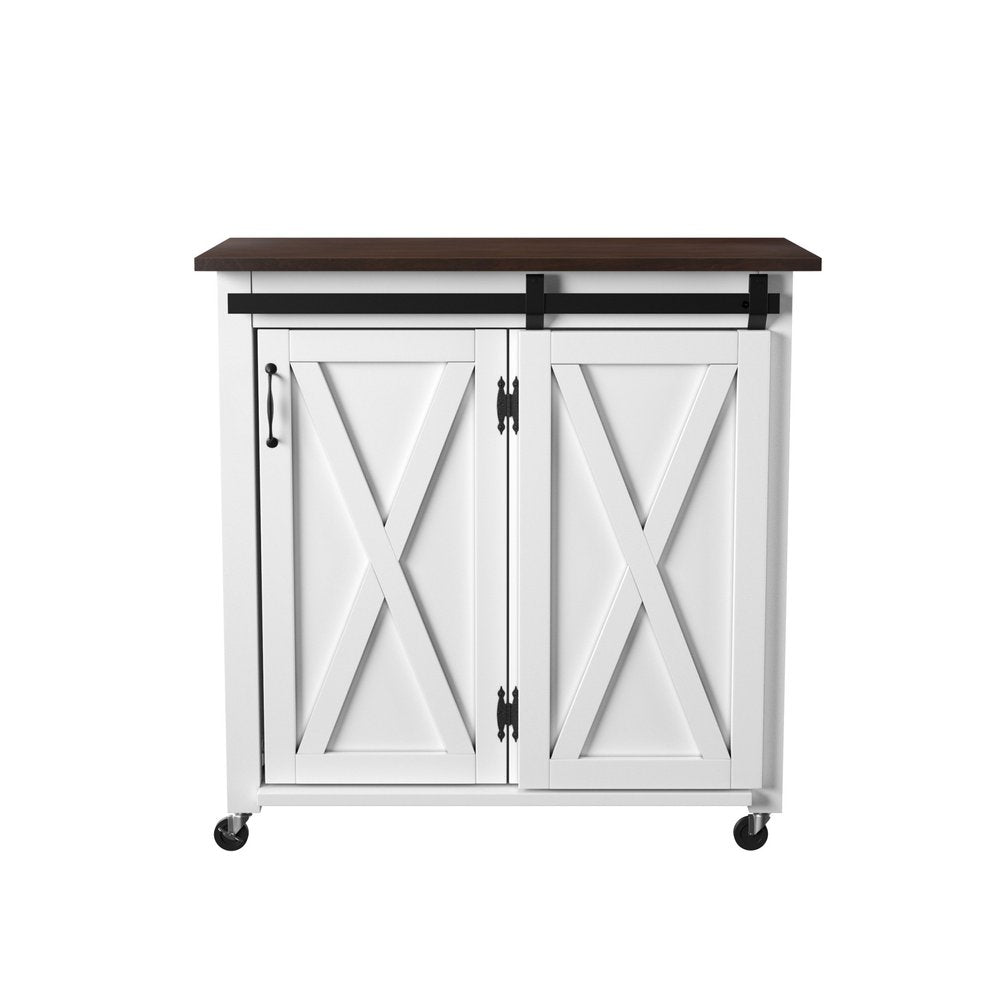 35" Dark Brown and White Wood Rolling Kitchen Cart. Kitchen cart isolated on a plain white background, in a white wood finish.