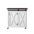 35" Dark Brown and White Wood Rolling Kitchen Cart. Kitchen cart isolated on a plain white background, in a white wood finish.