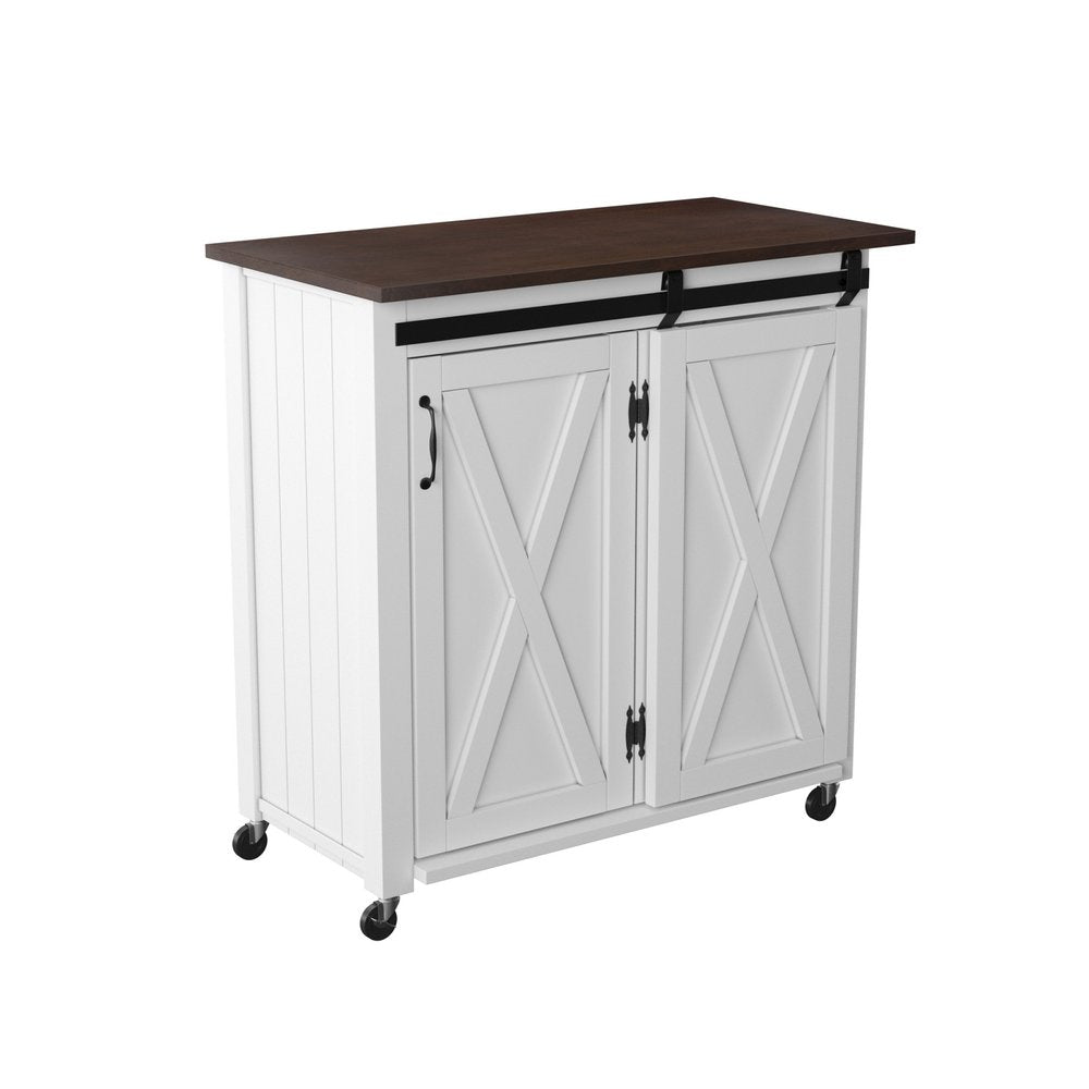 35" Dark Brown and White Wood Rolling Kitchen Cart. Kitchen cart isolated on a plain white background, showing a dark brown wood surface.