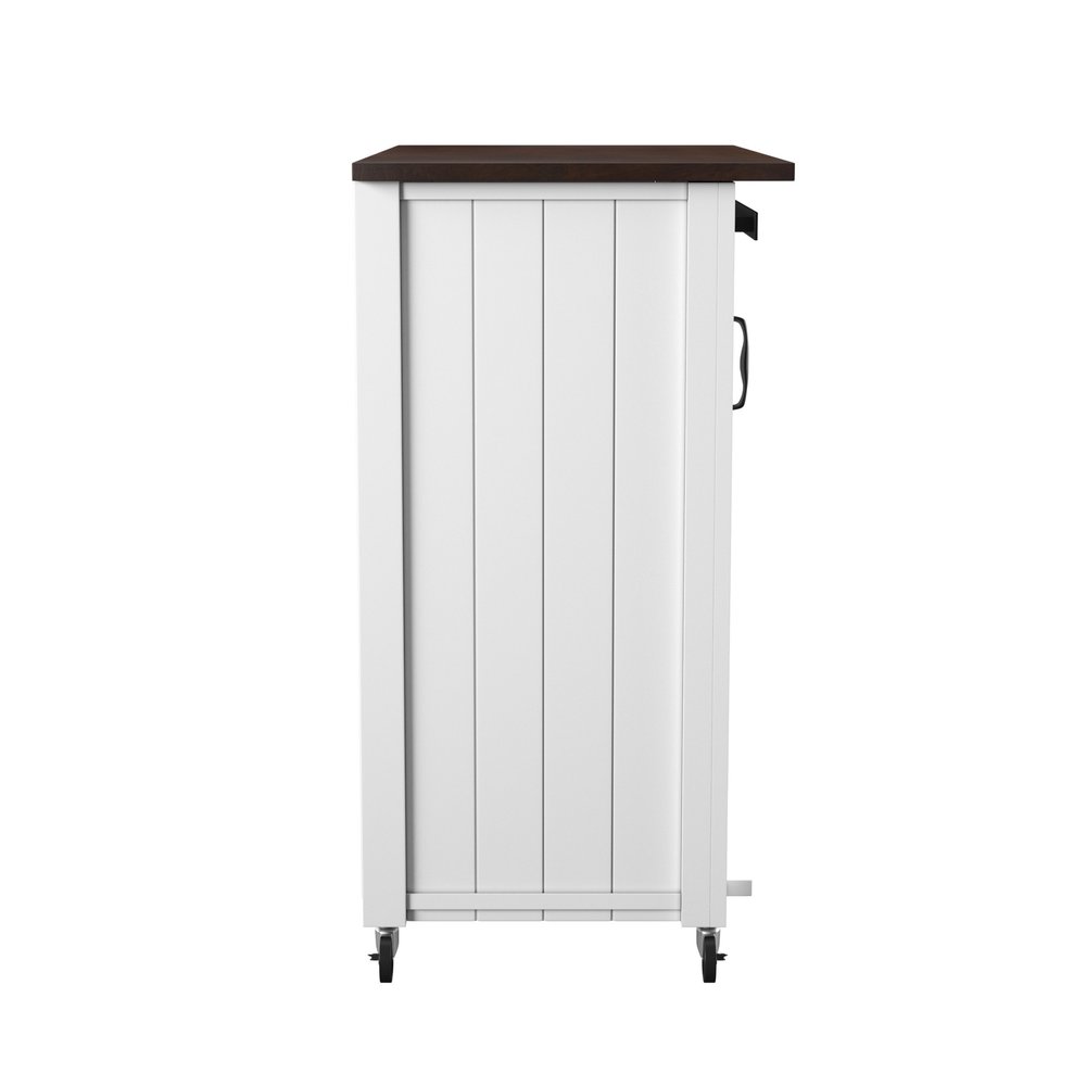 35" Dark Brown and White Wood Rolling Kitchen Cart. Kitchen cart isolated on a plain white background, in a white wood finish.