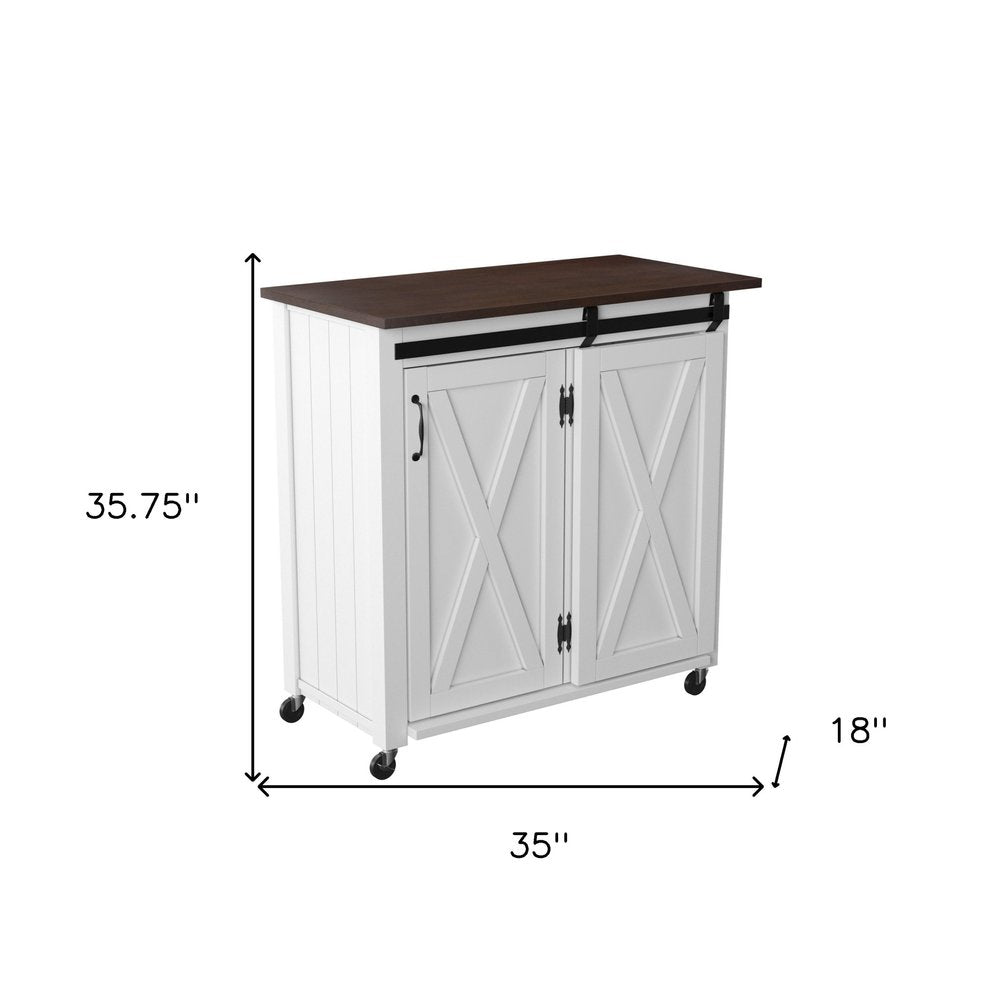 35" Dark Brown and White Wood Rolling Kitchen Cart. Kitchen cart isolated on a plain white background, finished in white wood.
