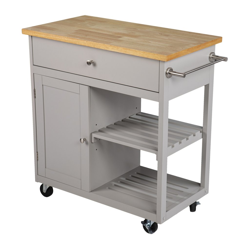 Gray and Natural 35" Rolling Kitchen Island With Storage on a white background