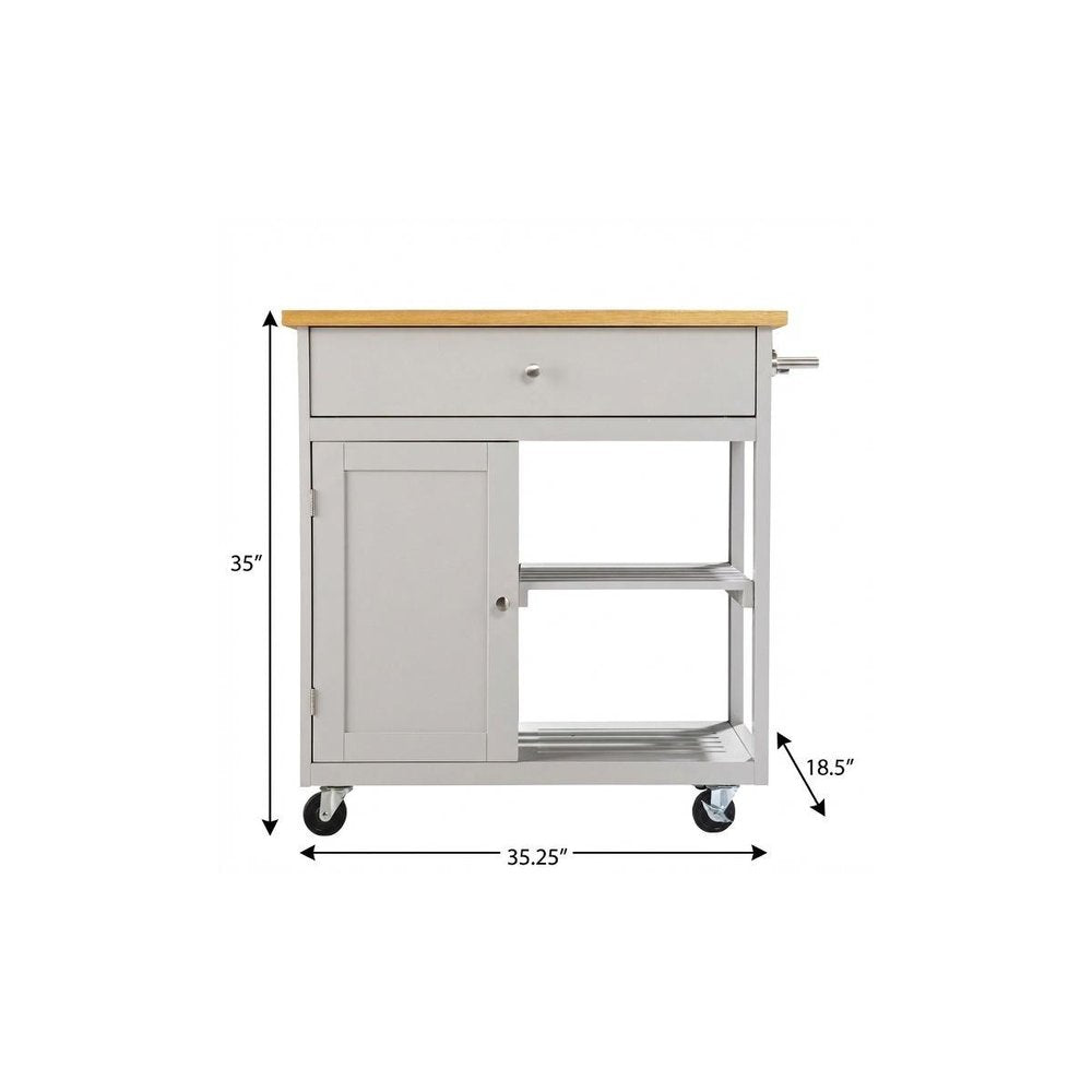 Gray and Natural 35" Rolling Kitchen Island With Storage on a white background