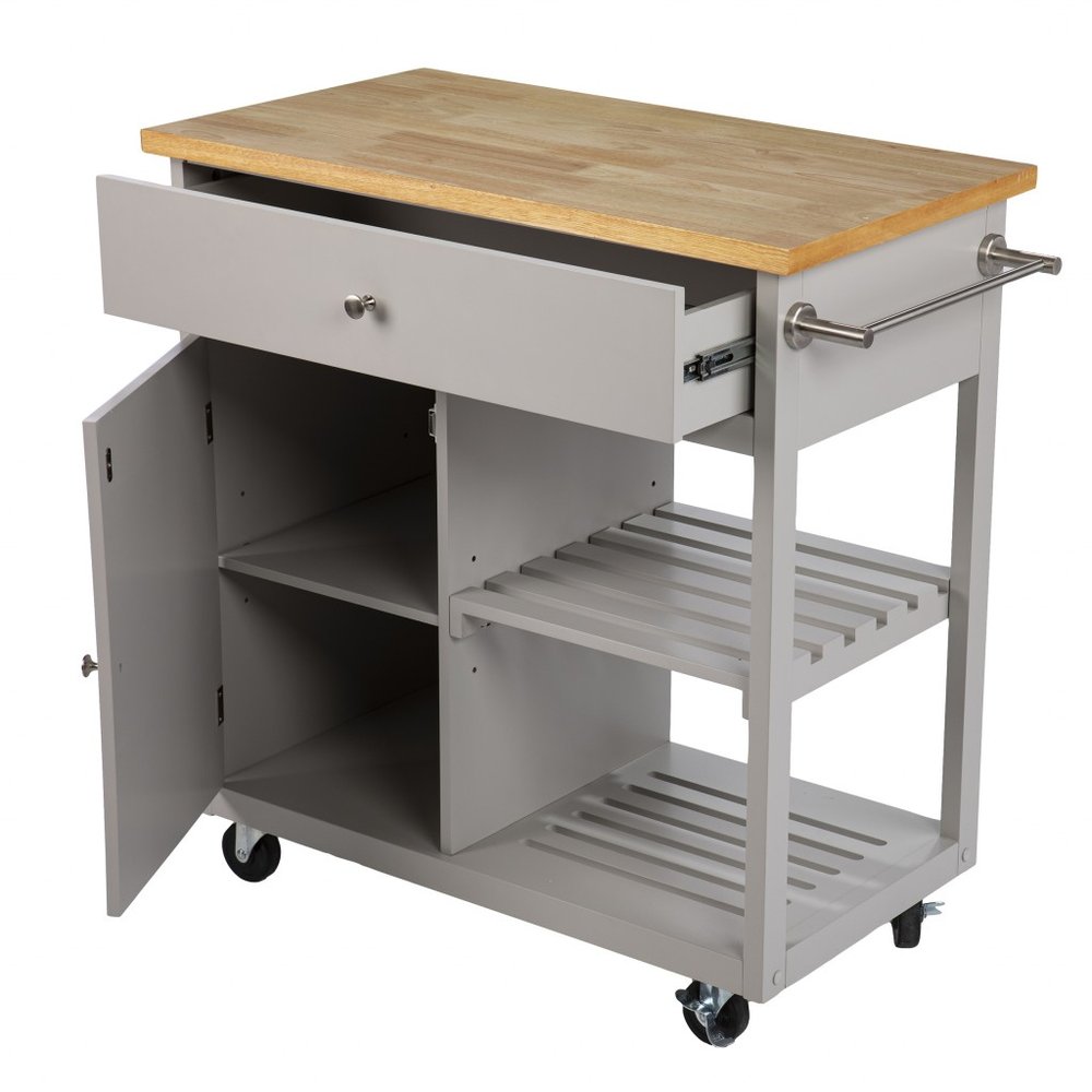 Gray and Natural 35" Rolling Kitchen Island With Storage on a white background