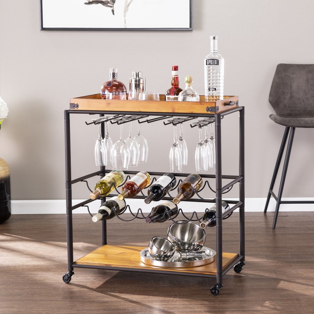 Brown and Black Metal And Solid Wood Rolling Bar Cart With Wine Storage