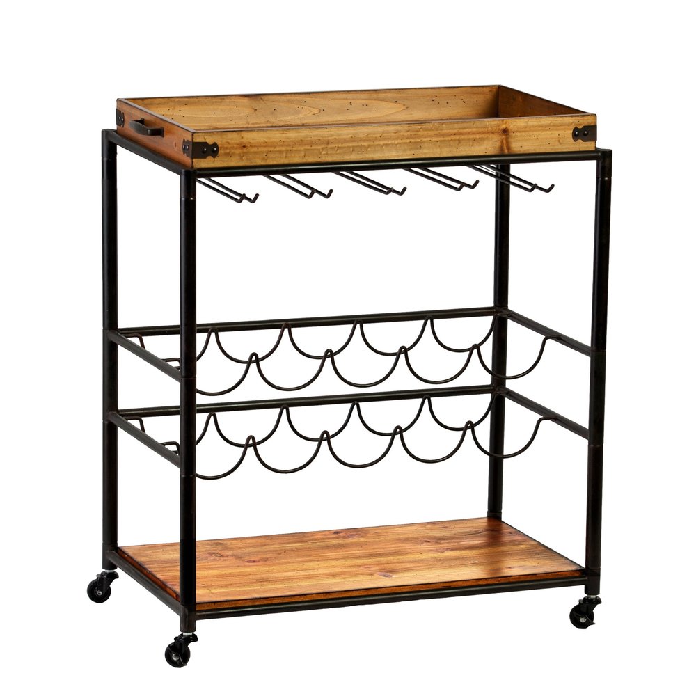 Brown and Black Metal And Solid Wood Rolling Bar Cart With Wine Storage on a white background