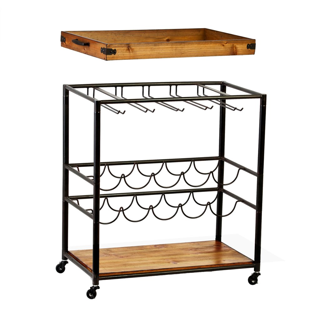 Brown and Black Metal And Solid Wood Rolling Bar Cart With Wine Storage on a white background