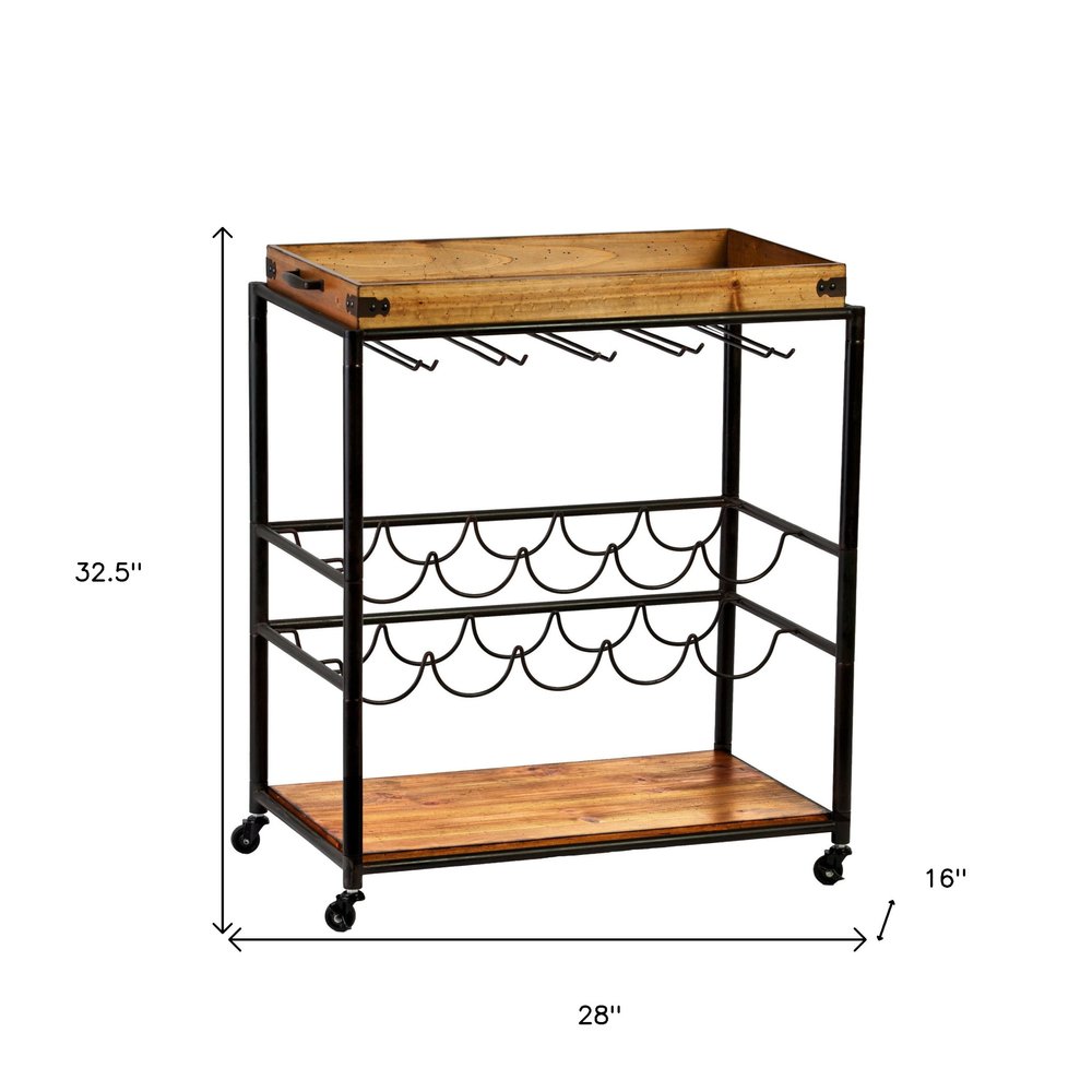 Brown and Black Metal And Solid Wood Rolling Bar Cart With Wine Storage on a white background