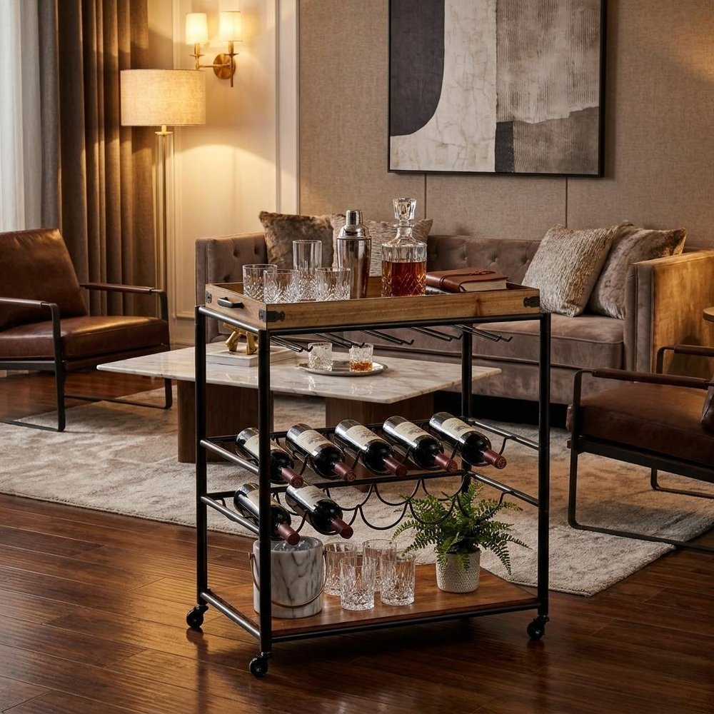 Brown and Black Metal And Solid Wood Rolling Bar Cart With Wine Storage in a home interior