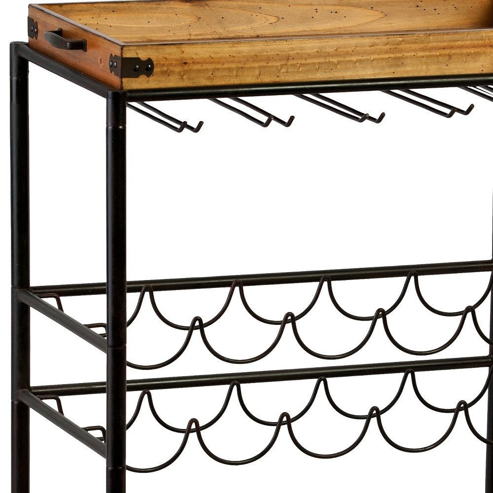 Brown and Black Metal And Solid Wood Rolling Bar Cart With Wine Storage on a white background