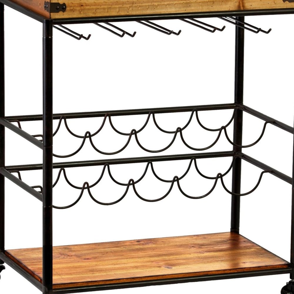 Brown and Black Metal And Solid Wood Rolling Bar Cart With Wine Storage on a white background