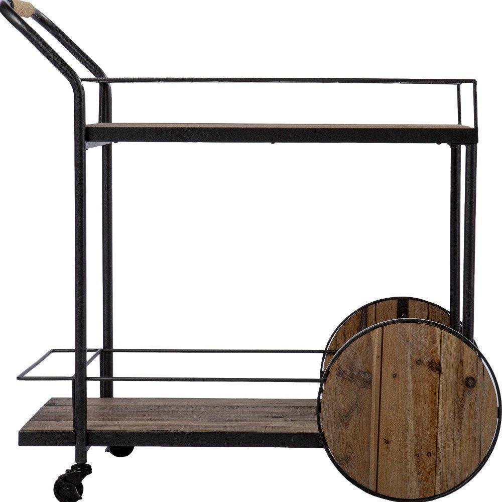 Natural and Black Iron And Reclaimed Wood Rolling Bar Cart With Wine Storage on a white background