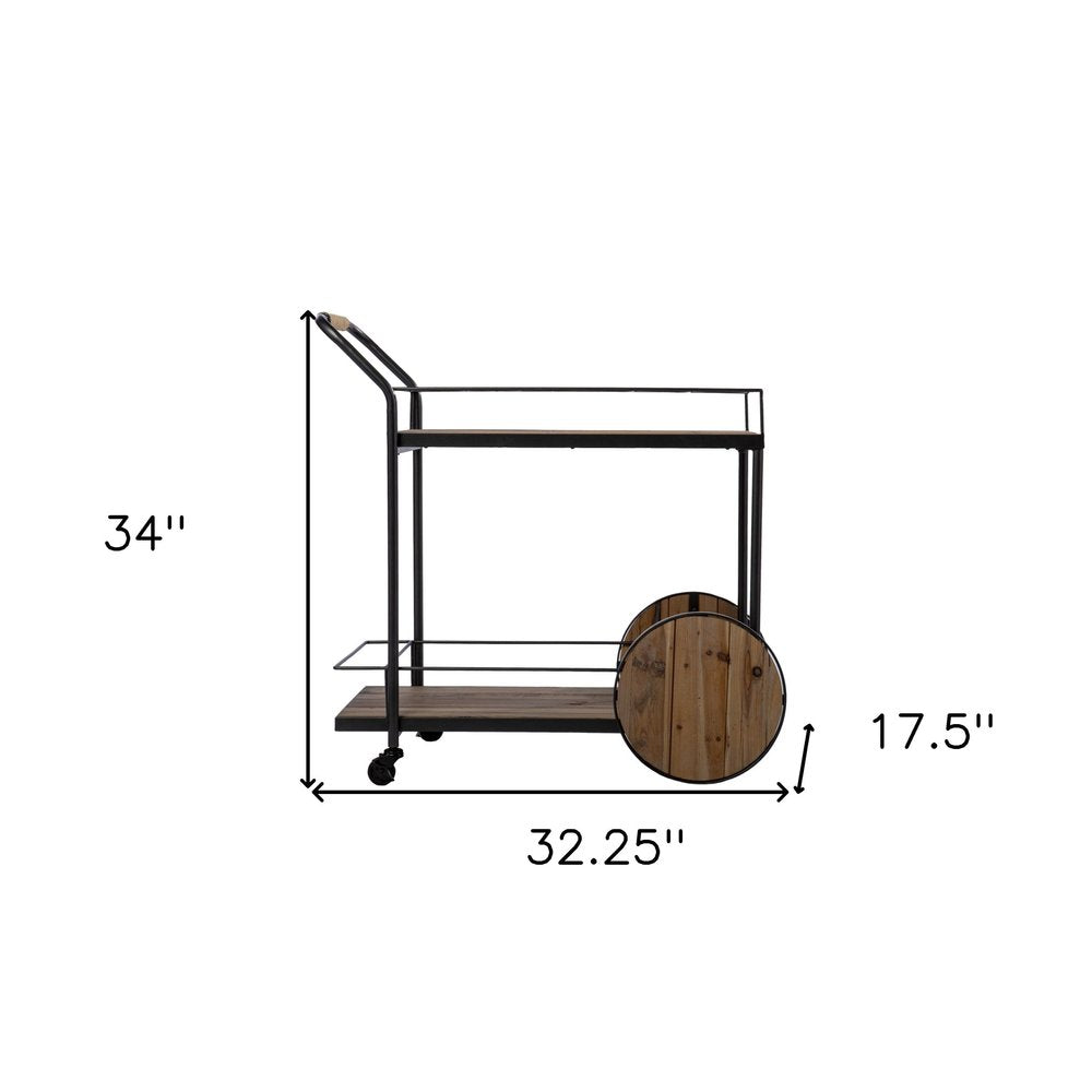 Natural and Black Iron And Reclaimed Wood Rolling Bar Cart With Wine Storage on a white background