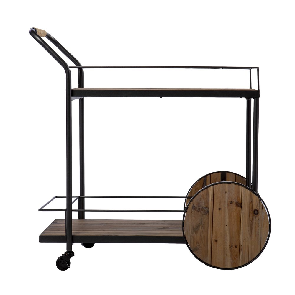 Natural and Black Iron And Reclaimed Wood Rolling Bar Cart With Wine Storage on a white background