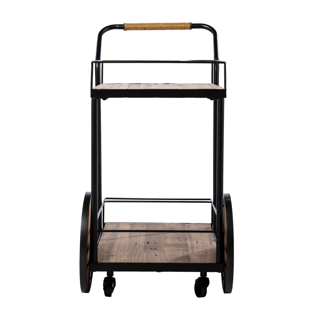 Natural and Black Iron And Reclaimed Wood Rolling Bar Cart With Wine Storage on a white background