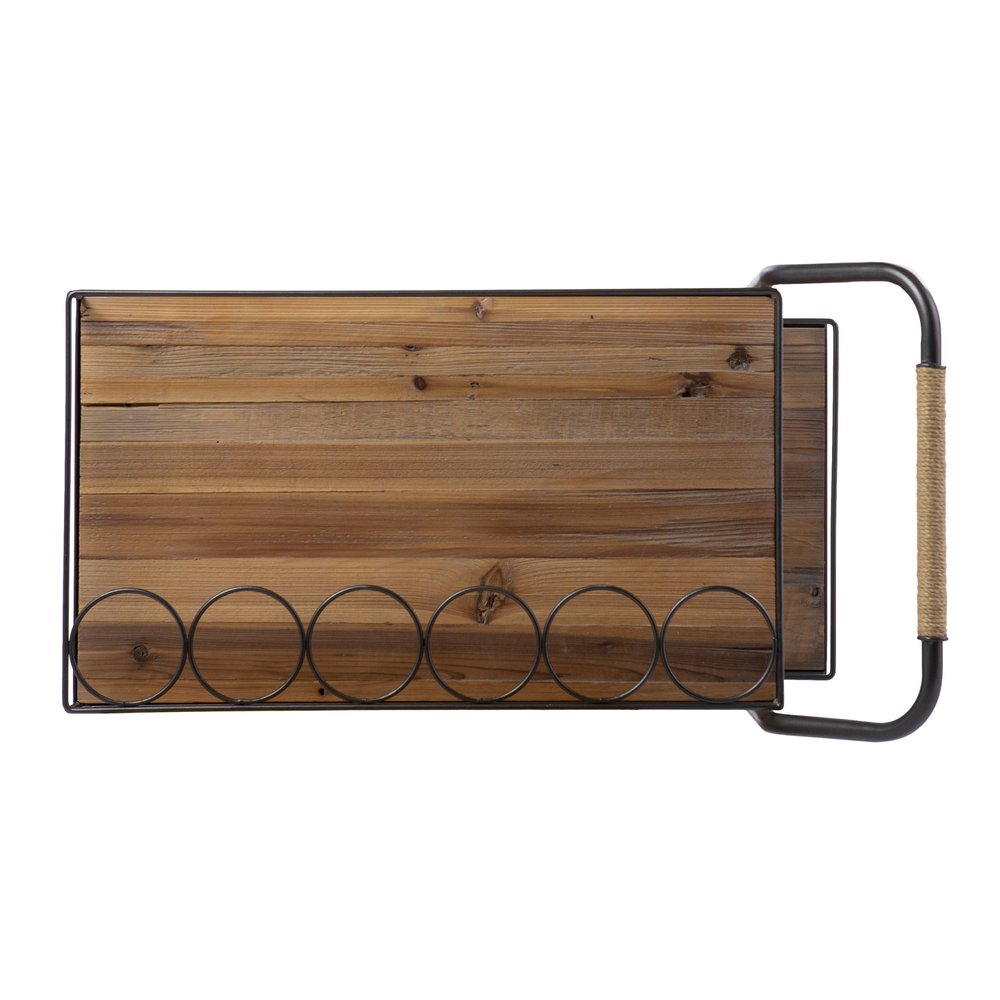 Natural and Black Iron And Reclaimed Wood Rolling Bar Cart With Wine Storage on a white background