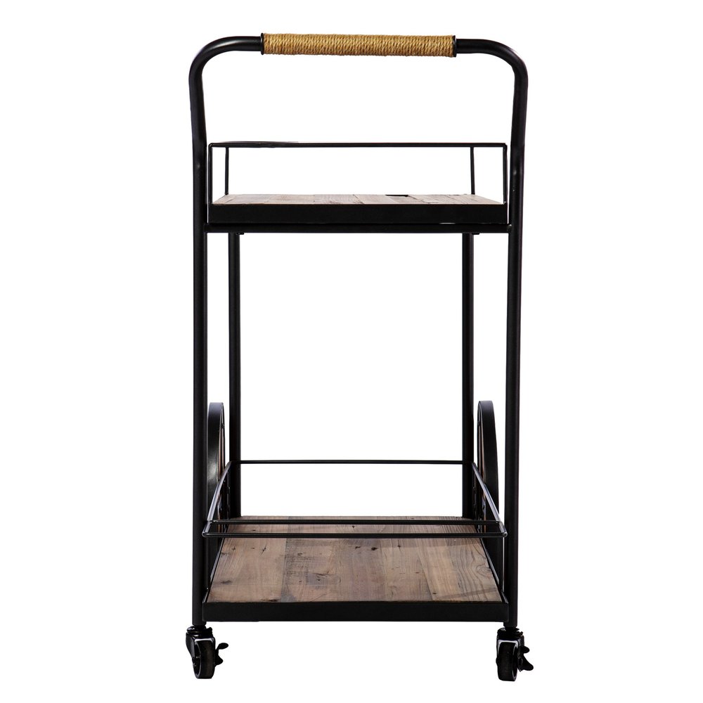 Natural and Black Iron And Reclaimed Wood Rolling Bar Cart With Wine Storage on a white background