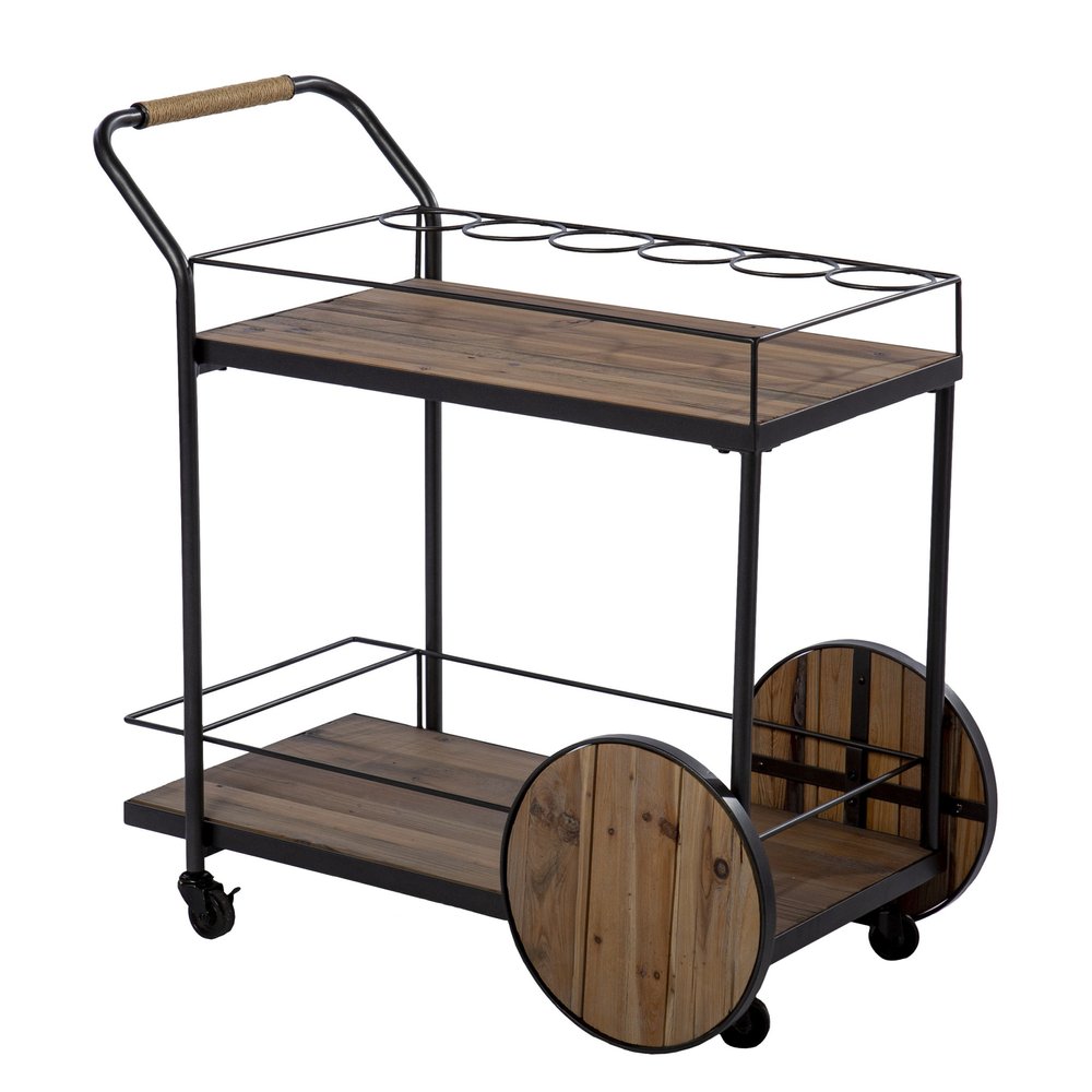 Natural and Black Iron And Reclaimed Wood Rolling Bar Cart With Wine Storage on a white background