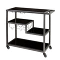 Black and Gray Glass Rolling Bar Cart With Wine Storage on a white background