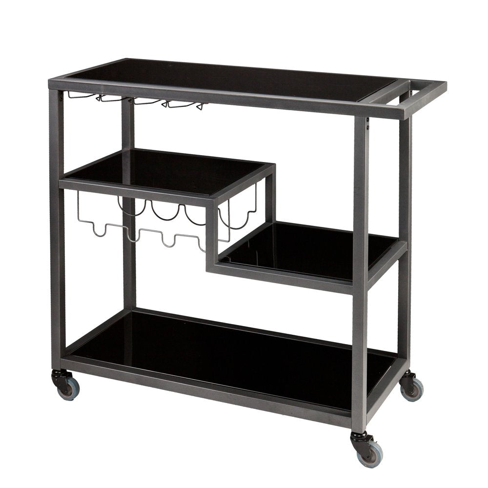 Black and Gray Glass Rolling Bar Cart With Wine Storage on a white background