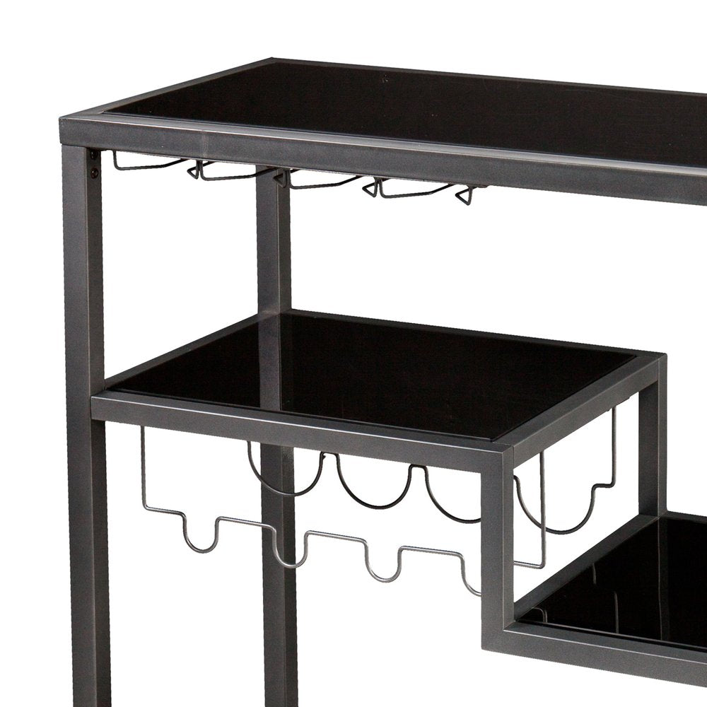 Black and Gray Glass Rolling Bar Cart With Wine Storage on a white background