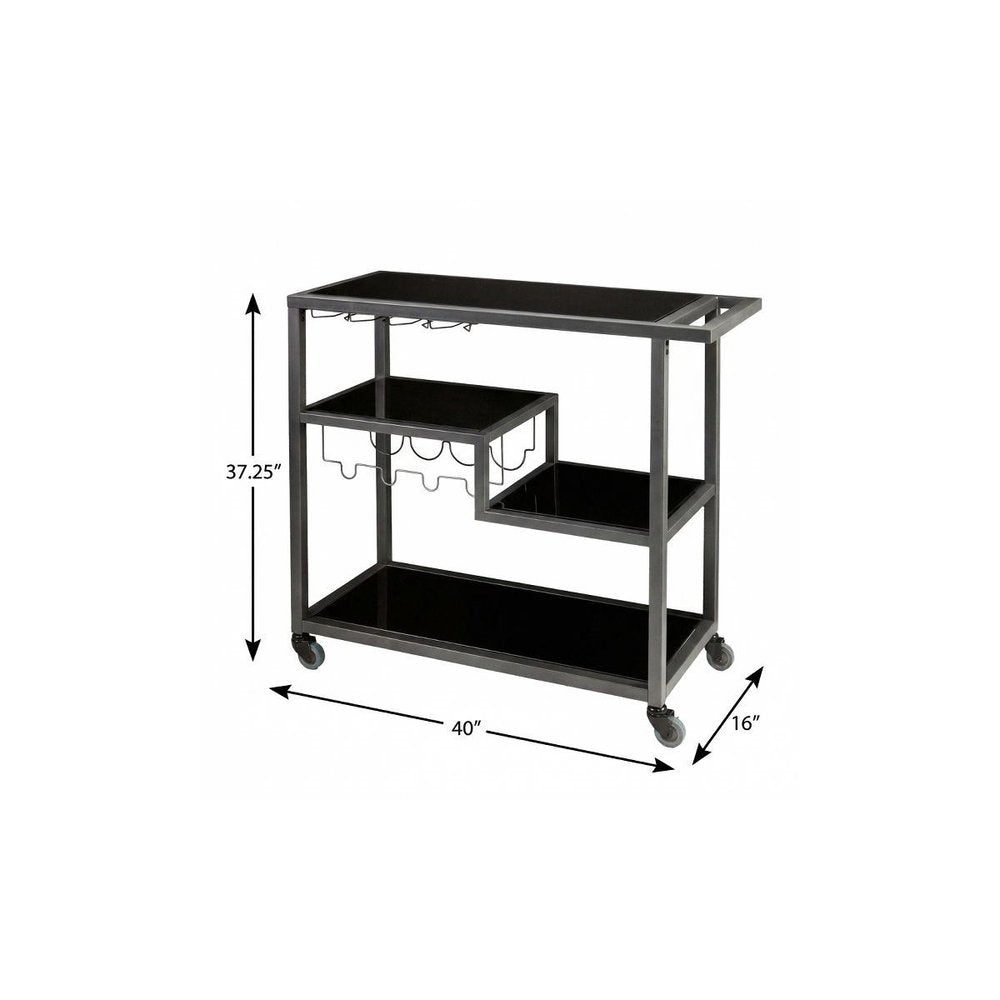 Black and Gray Glass Rolling Bar Cart With Wine Storage