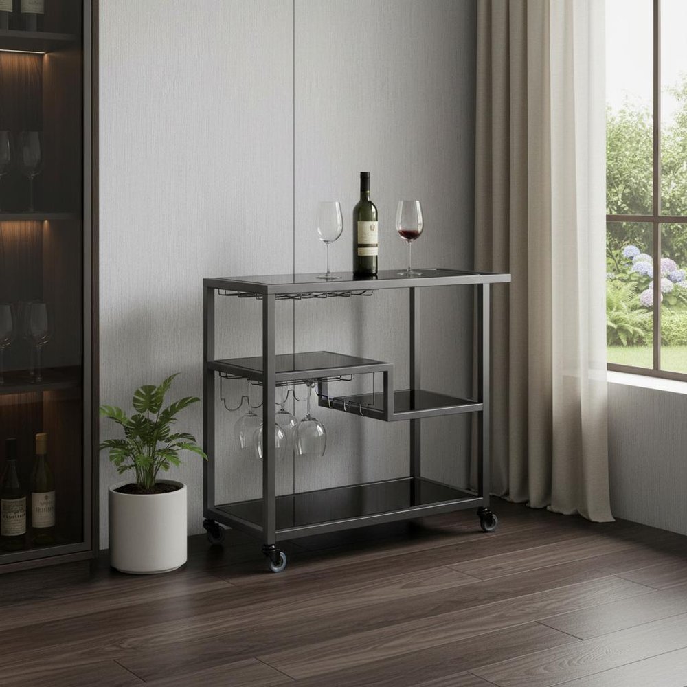 Black and Gray Glass Rolling Bar Cart With Wine Storage