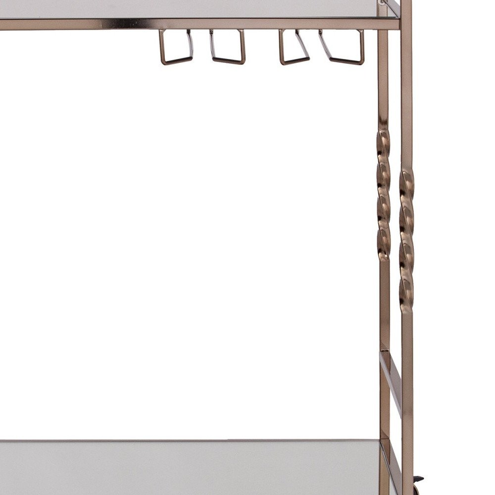 Champagne Metal And Mirrored Glass Rolling Bar Cart With Wine Storage on a white background