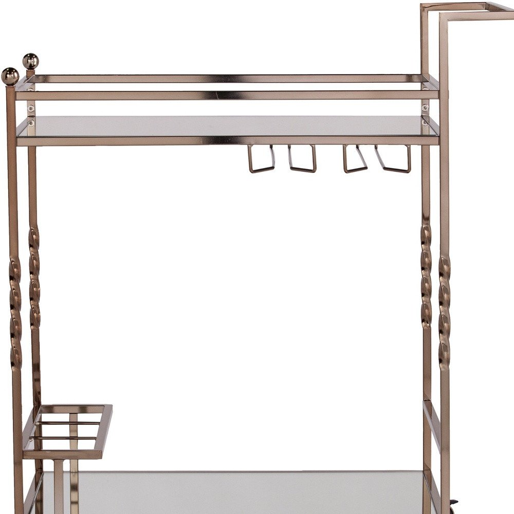 Champagne Metal And Mirrored Glass Rolling Bar Cart With Wine Storage on a white background