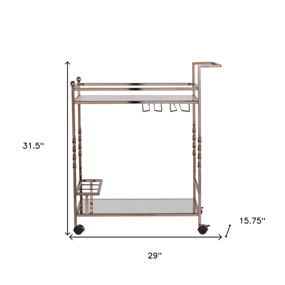 Champagne Metal And Mirrored Glass Rolling Bar Cart With Wine Storage on a white background