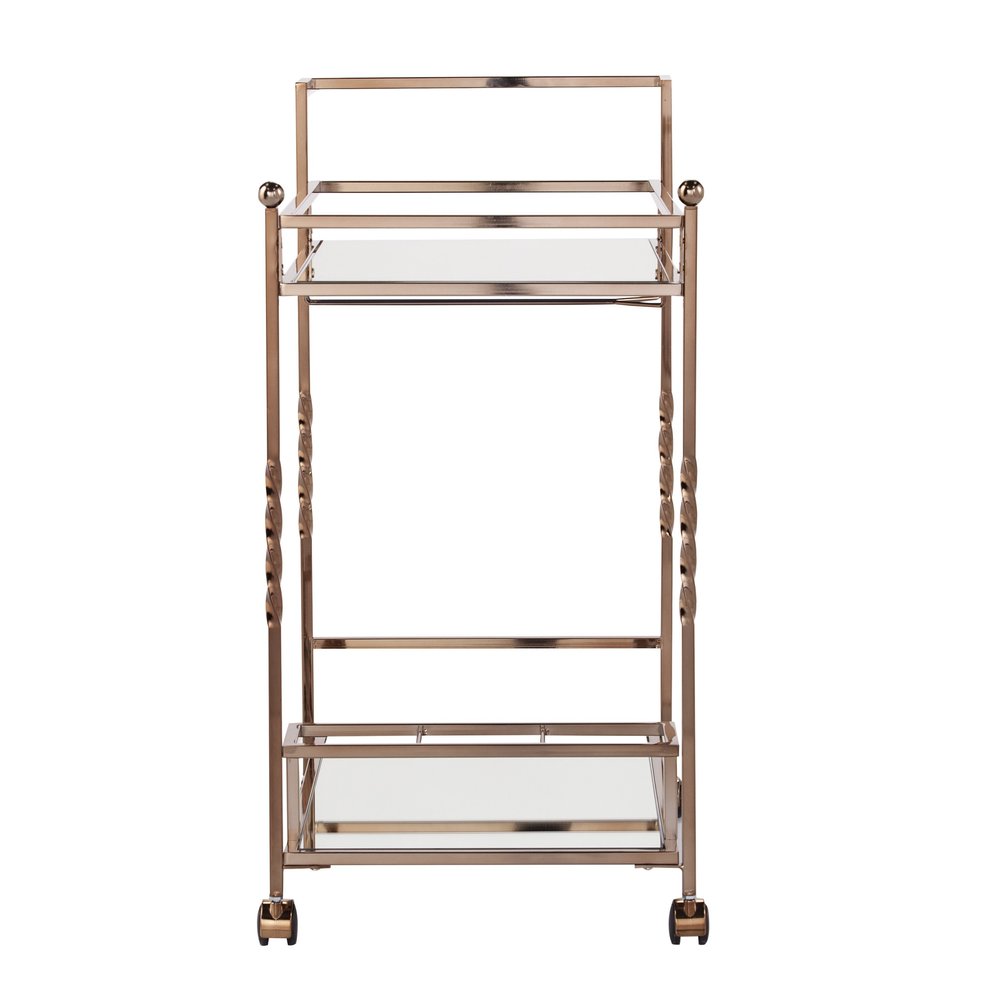 Champagne Metal And Mirrored Glass Rolling Bar Cart With Wine Storage on a white background
