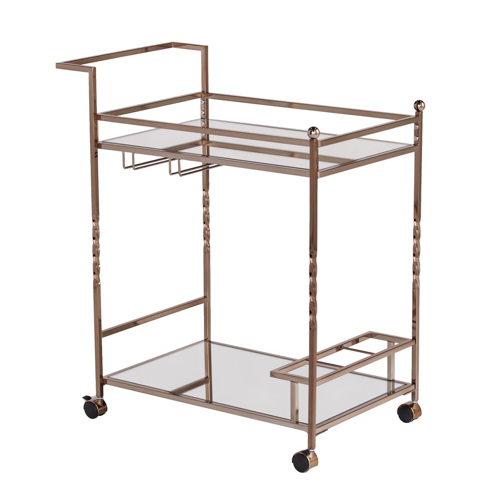 Champagne Metal And Mirrored Glass Rolling Bar Cart With Wine Storage on a white background