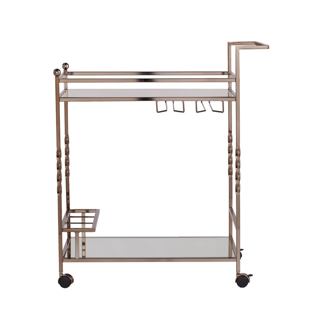 Champagne Metal And Mirrored Glass Rolling Bar Cart With Wine Storage on a white background