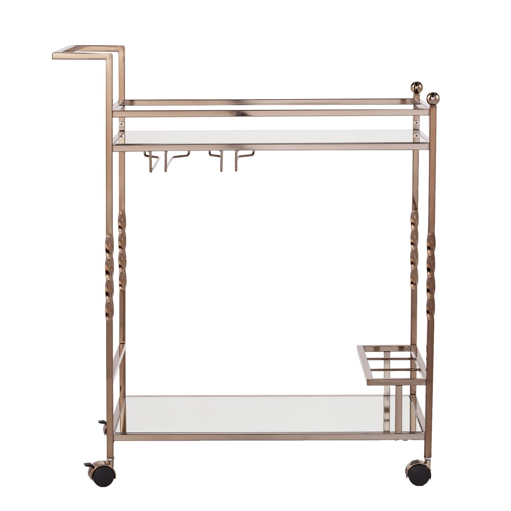 Champagne Metal And Mirrored Glass Rolling Bar Cart With Wine Storage on a white background