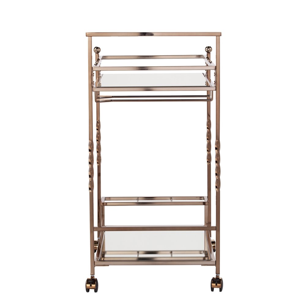 Champagne Metal And Mirrored Glass Rolling Bar Cart With Wine Storage on a white background