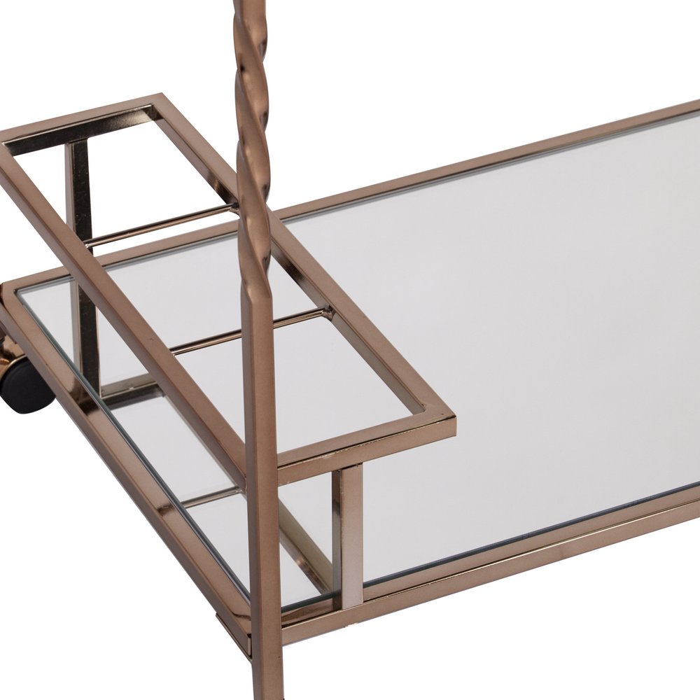 Champagne Metal And Mirrored Glass Rolling Bar Cart With Wine Storage on a white background