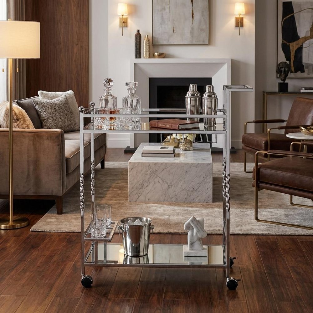 29" Silver Metal and Mirrored Glass Rolling Bar Cart With Wine Storage styled in a furnished interior with a dark brown wall on a dark wood floor.