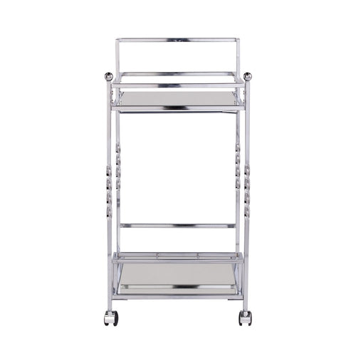 29" Silver Metal and Mirrored Glass Rolling Bar Cart With Wine Storage