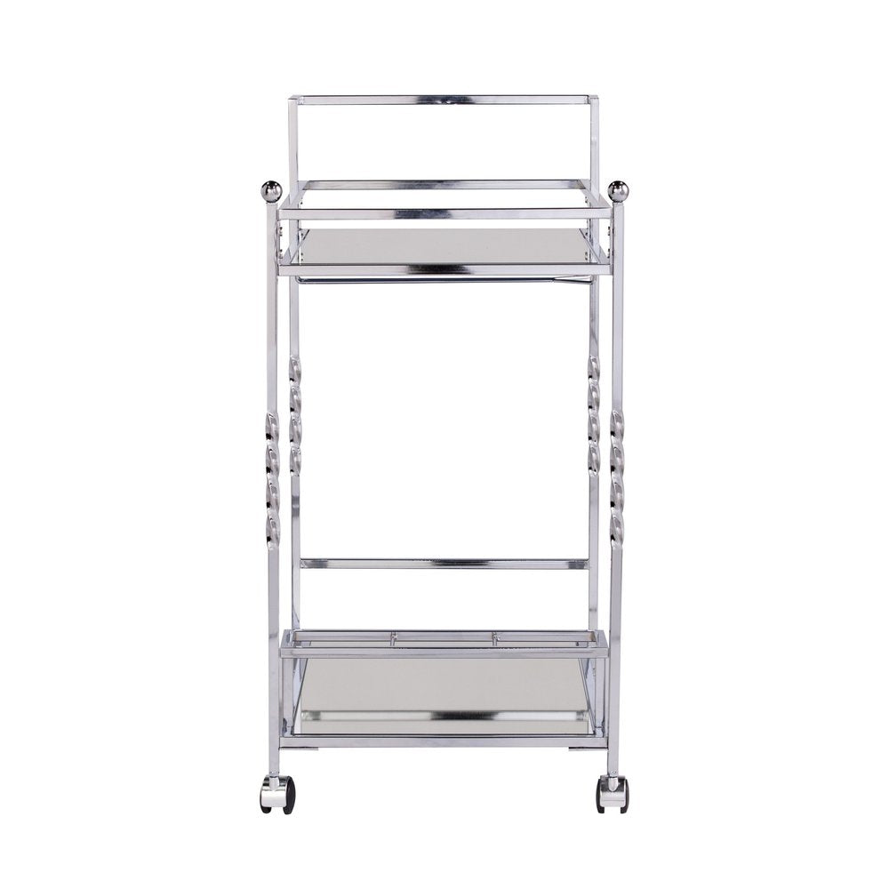 29" Silver Metal and Mirrored Glass Rolling Bar Cart With Wine Storage