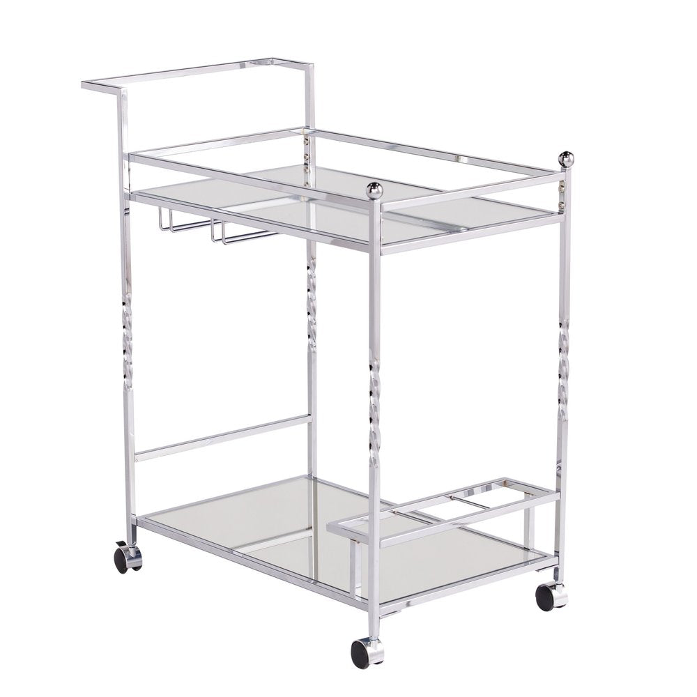 29" Silver Metal and Mirrored Glass Rolling Bar Cart With Wine Storage. Bar cart isolated on a plain white background, in a silver glass finish.