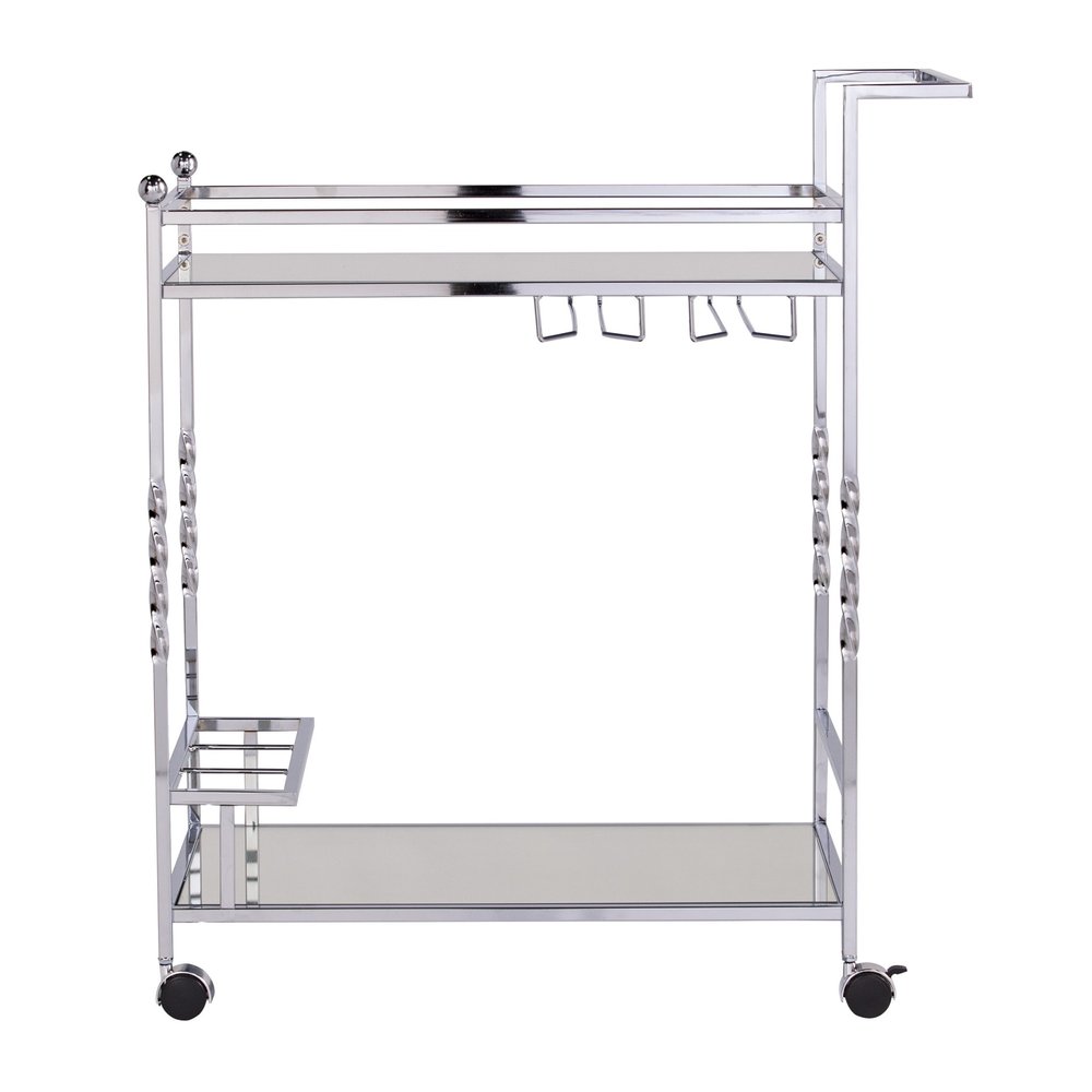 29" Silver Metal and Mirrored Glass Rolling Bar Cart With Wine Storage. Bar cart isolated on a plain white background, finished in silver glass.