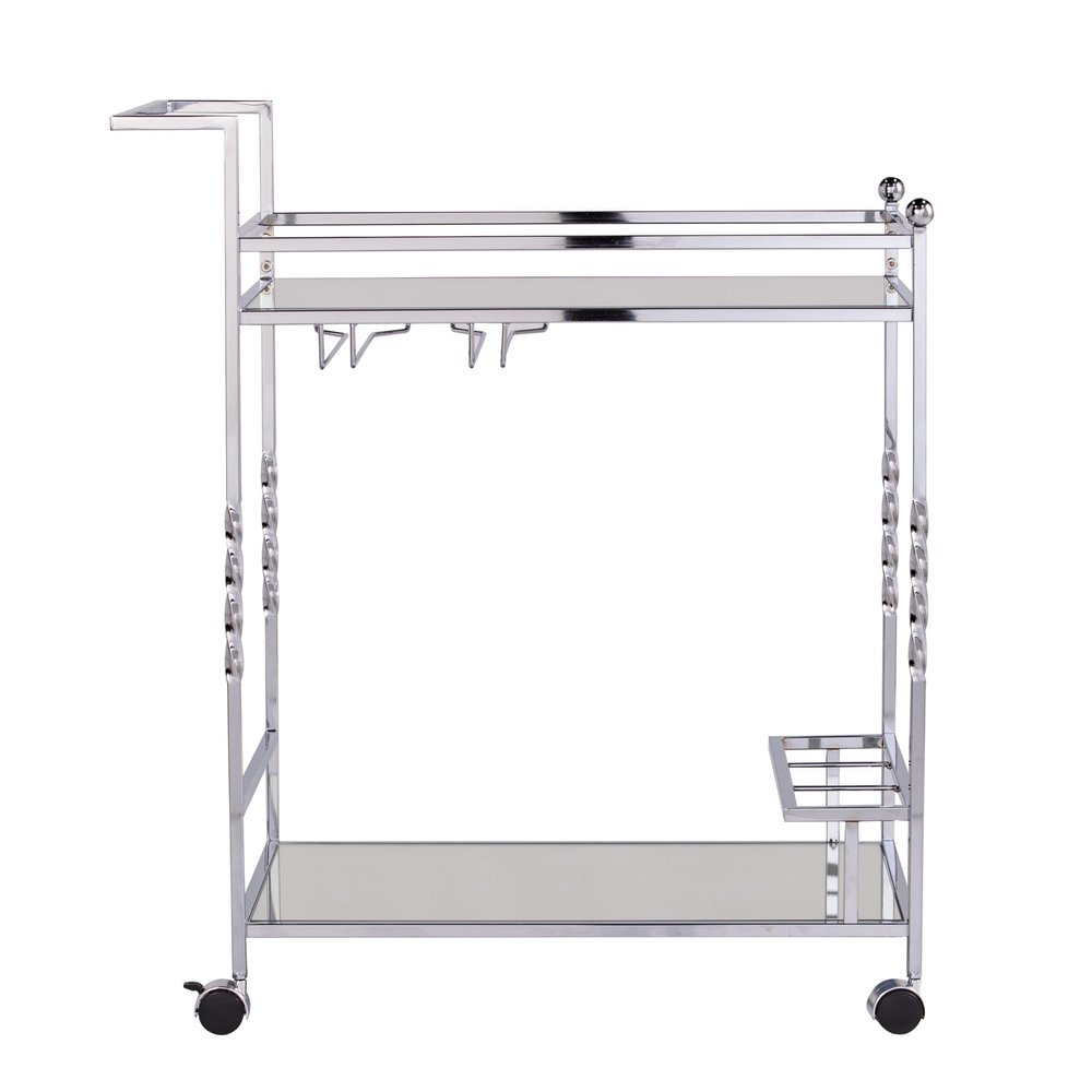 29" Silver Metal and Mirrored Glass Rolling Bar Cart With Wine Storage. Bar cart isolated on a plain white background, in a silver glass finish.