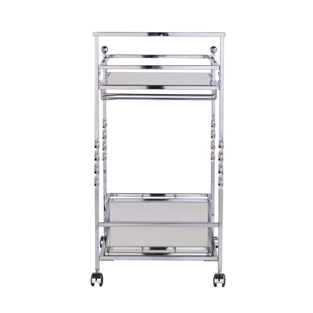 29" Silver Metal and Mirrored Glass Rolling Bar Cart With Wine Storage. Bar cart isolated on a plain white background, finished in silver glass.