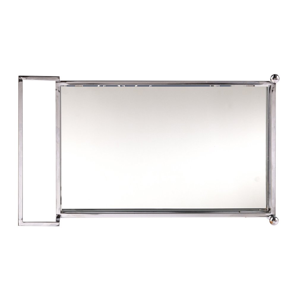 29" Silver Metal and Mirrored Glass Rolling Bar Cart With Wine Storage. Bar cart isolated on a plain white background, showing a silver glass surface.