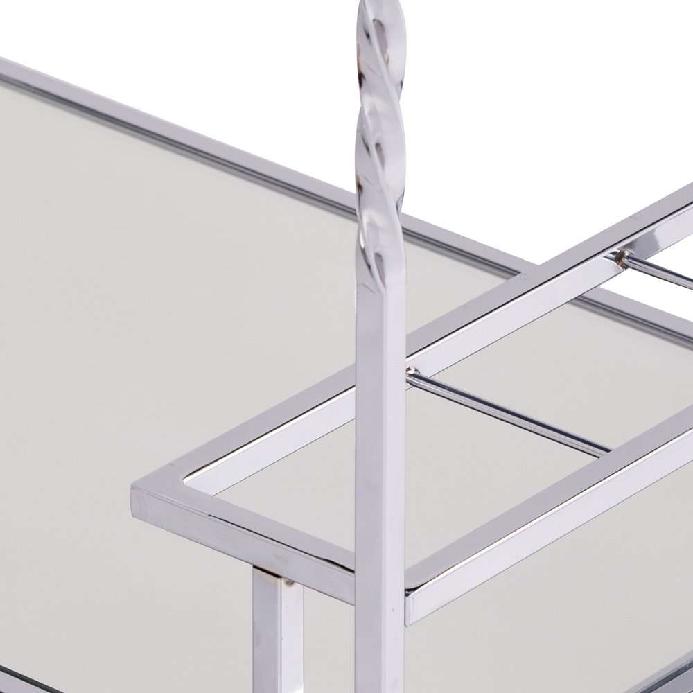 29" Silver Metal and Mirrored Glass Rolling Bar Cart With Wine Storage. Bar cart isolated on a plain white background, in a silver glass finish.