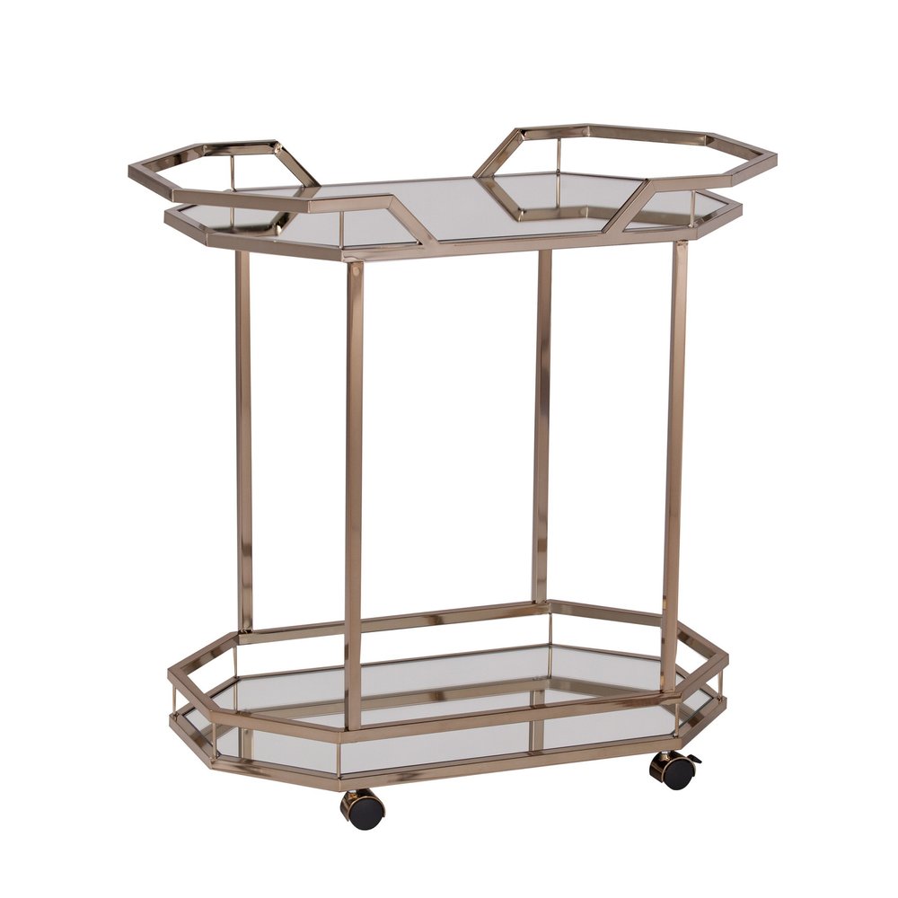 31" Champagne Iron and Mirrored Glass Octagonal Rolling Bar Cart. Bar cart isolated on a plain white background, in a light gray glass finish.