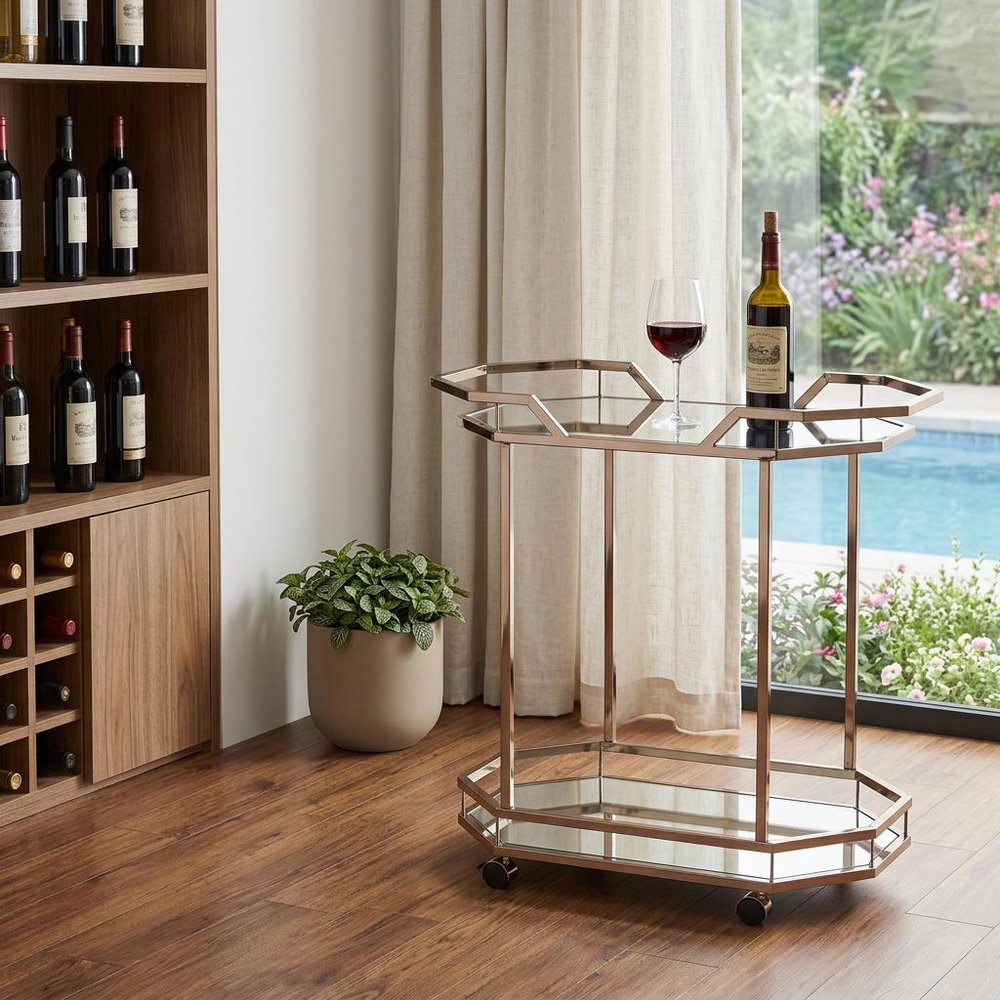 31" Champagne Iron and Mirrored Glass Octagonal Rolling Bar Cart styled in a furnished interior with a tan wall on a dark wood floor in tan glass.