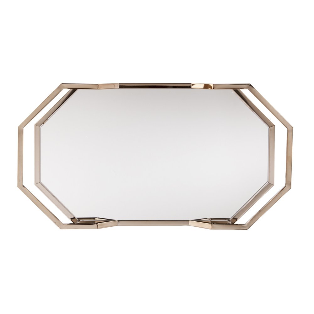 31" Champagne Iron and Mirrored Glass Octagonal Rolling Bar Cart. Bar cart isolated on a plain white background, in a tan glass finish.